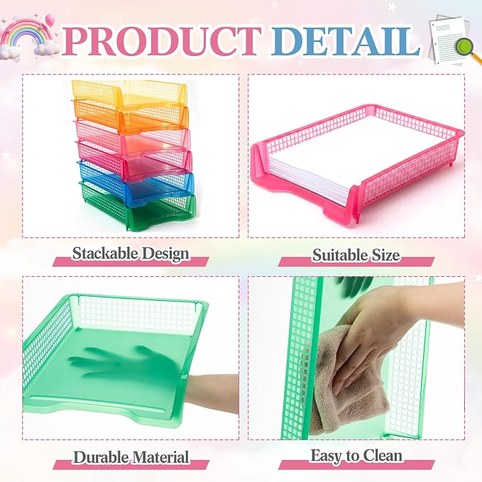 Geetery Set of 6 Plastic Trays for Teachers Turn in Trays Classroom Stackable Paper Tray Plastic Classroom Teachers Desk Letter Organizer Storage Baskets for Office, Desk, Home (Clear Mixed Color)