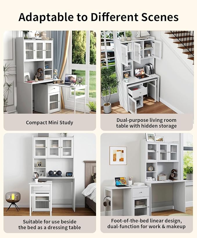 Computer Desk with Hutch and Rotating Desktop, White Corner Study Desk with Glass Door Storage Cabinets and Fold Out Shelf for Home Office, Craft Cabinet with Fold Out Table (White)