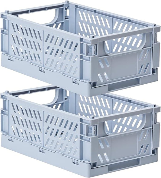 HUUSMOT 2-Pack Small Pastel Plastic Storage Baskets, Collapsible Crates for Organizing, Space-Saving Mini Bins for Classroom, Kitchen, Office, Bedroom (Blue, 9.8" x 6.5" x 3.8")