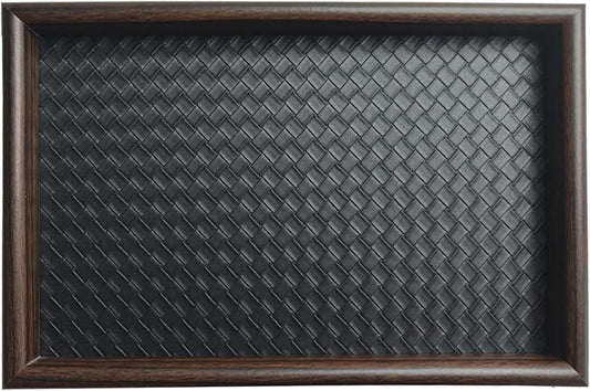 Tinsow Wooden Desk Organizer Tray with PU Leather Base, 11.8x7.9 Catch All Valet Tray Key Tray for Nightstand Bedroom Dresser Office Desktop Storage, Black