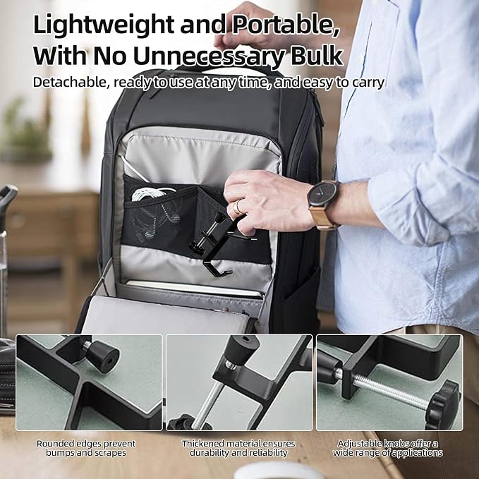 Desk Mount Bag Holder Hook Clamp,On Backpack Hanger Portable Desk Mount Headphones Holder for Reduce Desk Clutter Table Desk Table Hanging Storage(2 Pcs-Double Hook Black)