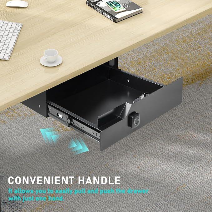 Under Desk Drawer with Biometric Fingerprint Lock, Metal Undermount Table Drawer, Slides out Tray Organizer for Paper, Pencil, and Laptop 16"x11.8"x3.6", Black