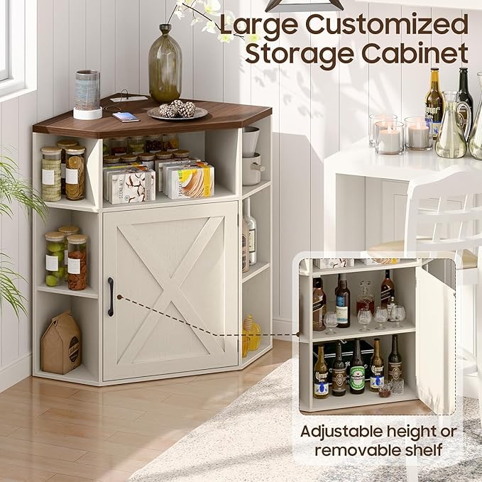 Halitaa Corner Storage Cabinet, 6-Cubby Wooden Cabinet with USB Ports and Outlets, Farmhouse Corner Bookshelf with Storage Industrial Organizer for Study, Playroom, Living Room, White and Brown