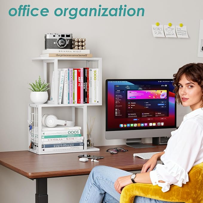 Small Desktop Bookshelf Organizer, White 3-Tier Desk Shelf with Metal Hook Workspace Organizers for Desk Organization and Office Storage Table Bookcase