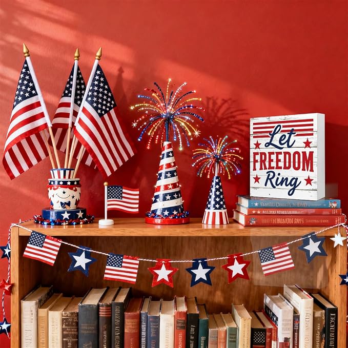 Patriotic Wooden Box Sign,Let Freedom Ring 4th Of July Signs Home Decor,Independence Memorial Day Block Sign for Desk Shelf Tabletop Decor