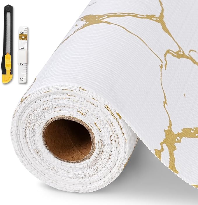 Drawer and Shelf Liner for Kitchen Cabinet,Non-Adhesive Cabinet Liner 18in x 30FT,Waterproof Shelf Paper Non-Slip Mats Cupboard Liners Contact Protect Dresser/Shelves/Table-Gold Marble