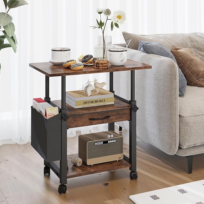YAOHUOO 22"x15" Large Printer Stand with Drawer, 3-Tier Rolling Table Cart | Storage Drawer and Side Bag,Height Adjustable Cart,Fit printer/fax/3d/scanner,4 lock wheels or feet,Home Office,Rustic Brown
