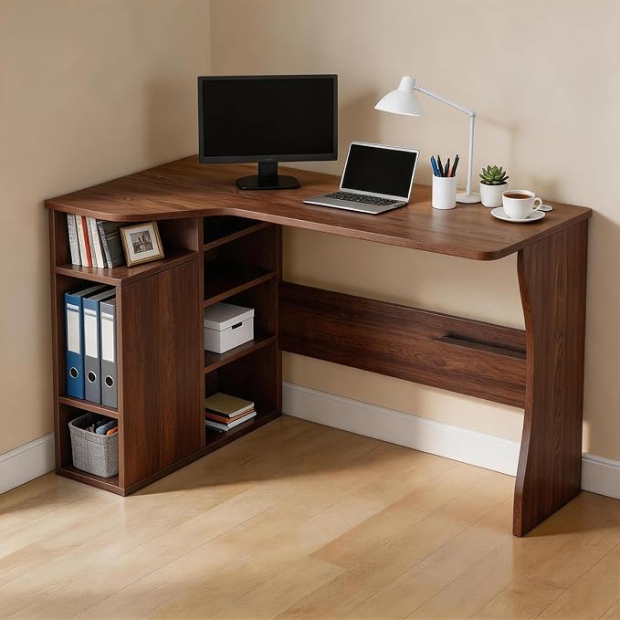 Garvee L Shaped Desk with Storage Shelves, Small Corner Desk for Small Spaces, Corner Table with 3 Tier Shelves, Home Office, Writing Study Gaming Desk, Walnut Wood
