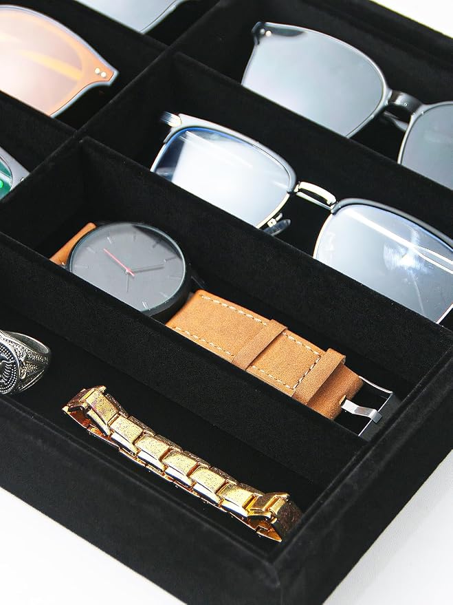 Jewelry Sunglasses Organizer Tray, Black Velvet Eyeglasses Display Tray Box, Glasses Organize Storage Holder for Home Desk or Selling Show Display