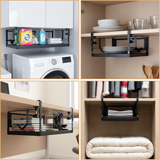 WELTOKE Under Shelf Storage Basket Organizer, Expandable Under Cabinet Shelf,Heavy Duty Metal Cabinet Hanging Shelf For Kitchen Cupboard Cabinet Pantry Laundry Desk Bookshelf Garage, Black(1 Pack)
