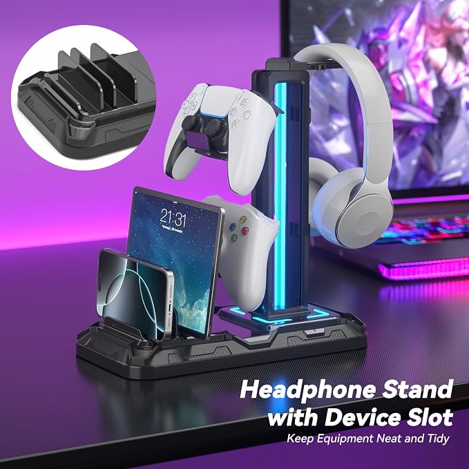 KDD Headset Stand with Charging Station - Detachable Controller Holder with 9 Light Modes - Rotatable Headphone Hanger with USB A&C Charger Ports - Earphone Hook for PC Gaming Accessories Storage