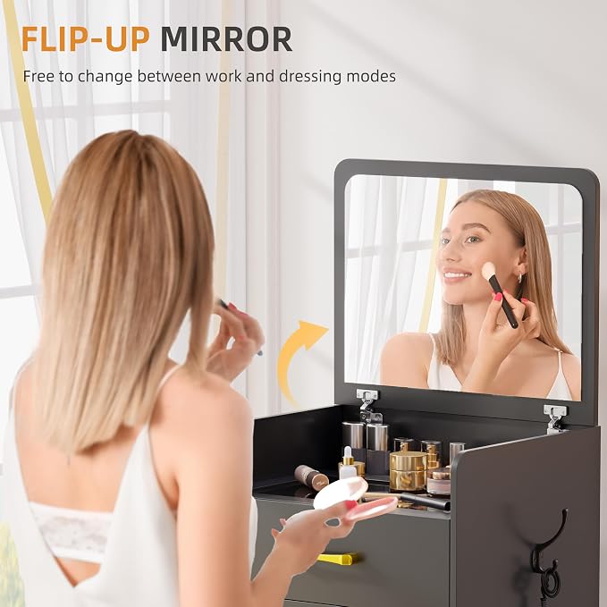 Gurexl 3 in 1 Vanity Desk with Flip Top Mirror,Small Compact Vanity with Visible Glass Desktop,Makeup Vanity Set with 3 Drawers,Cushioned Stool,Dressing Table for Bedroom,Black
