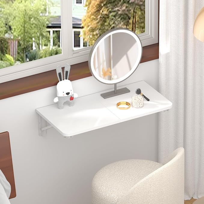 TEAMIX Wall Mounted Desk, White Folding Desk for Small Spaces Floating Shelf Organizer with Heavy-Duty Brackets for Home Office