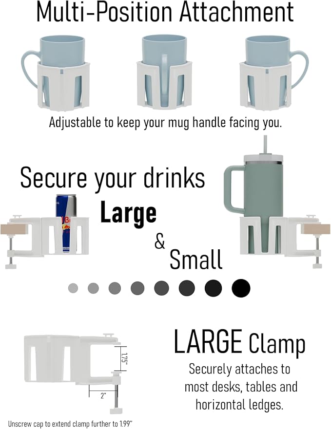 Original Large Desk Cup Holder Clamp White | Anti-Spill Mount, Multi-Directional Drink Holder, Headphone Hanger, For Table, Desks, Office & Gaming Setup