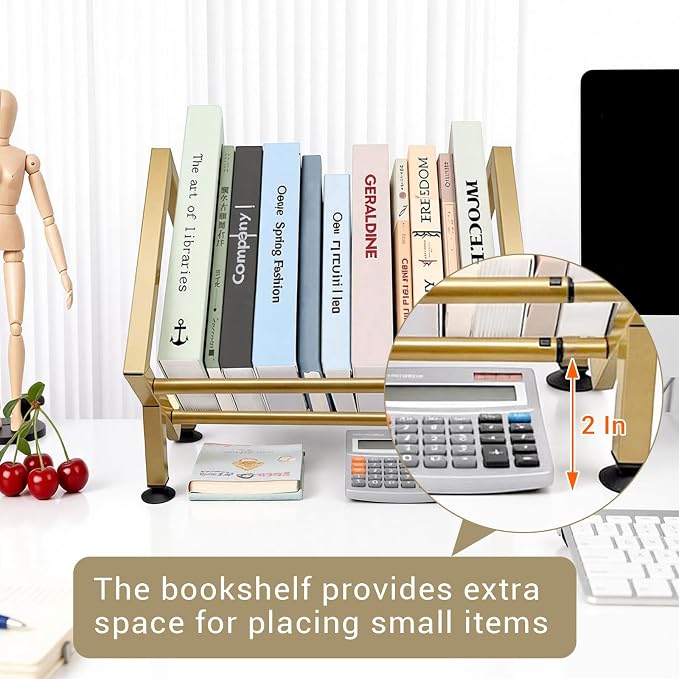 Expandable Desktop Bookshelf Organizer, Small Tabletop Book Storage Rack, Portable Mini Bookcase for Books/CDs/Magazine Display, Desk Shelf for Top of Desk in Living Room, Office, Home Decor (Gold)