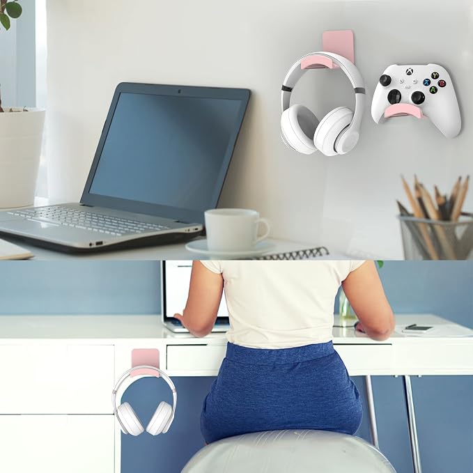 HomeMount Headphone Stand Headset Holder - Adhesive Gaming Headphone Hanger Hook Desk Mount for Most Headphone & Controller (Pink)