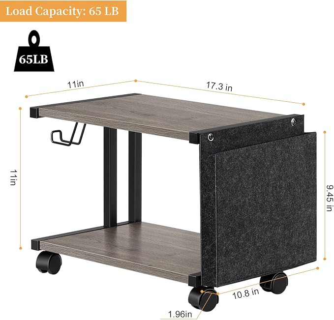 BTY Printer Stand Under Desk Printer Table with Storage Small Printer Cart with Wheels 2 Tier Desktop Printer Stands for Home Office Fax Machine Scanner Files (Grey)