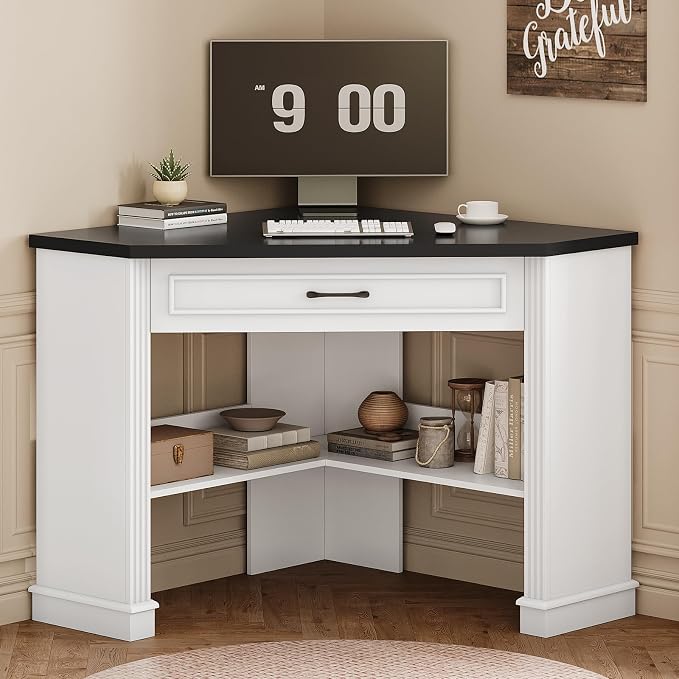 SEDETA 31.5" White Corner Desk, Small Corner Desk for Small Space, Farmhouse Triangle Computer Desk with Drawer and Storage for Home Office, Living Room, Bedroom, Vanity Desk
