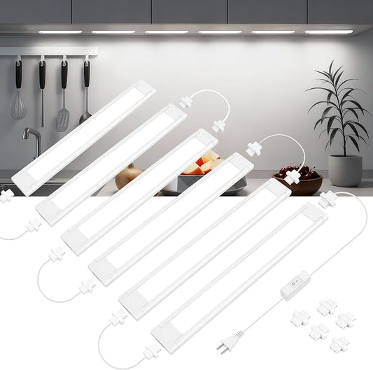 maylit Under Cabinet Lighting Plug in, 6 Pcs 14 Inch Linkable Ultra Bright LED Light Bars, Renter Friendly Lamp, Wired Indoor Lights for Kitchen Cabinet, Counter, Workbench, Desk, Shelf, Cool White