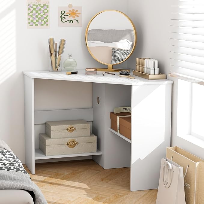 SlickBlue Corner Computer Desk with Triangle Design and Storage Shelf for Space-Saving