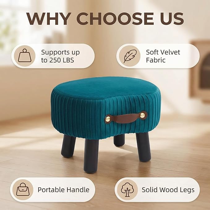 Foot Stools Small, Ottomon with Handle, Velvet Footrest Ottoman | Curved Foot Stool with Padded Seat Wooden Legs, Portable Foot Rest for Living Room, Bedroom, Entryway, (Peacock Blue)