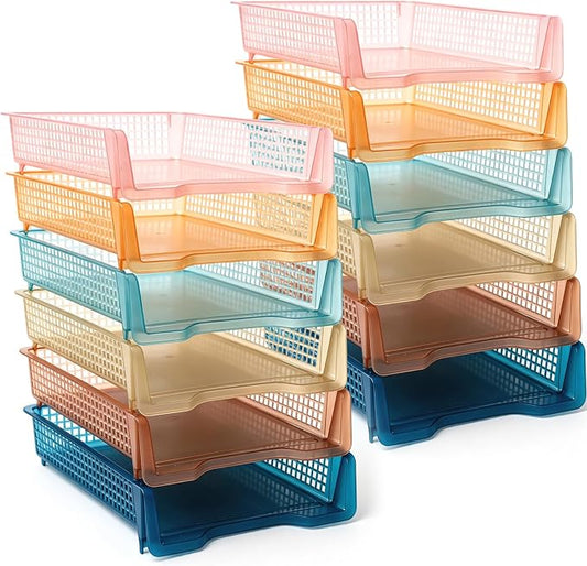 Geetery Set of 12 Plastic Trays for Teachers Turn in Trays Classroom Stackable Paper Tray Plastic Classroom Teachers Desk Letter Organizer Storage Baskets for Office, Desk, Home (Clear Boho Color)