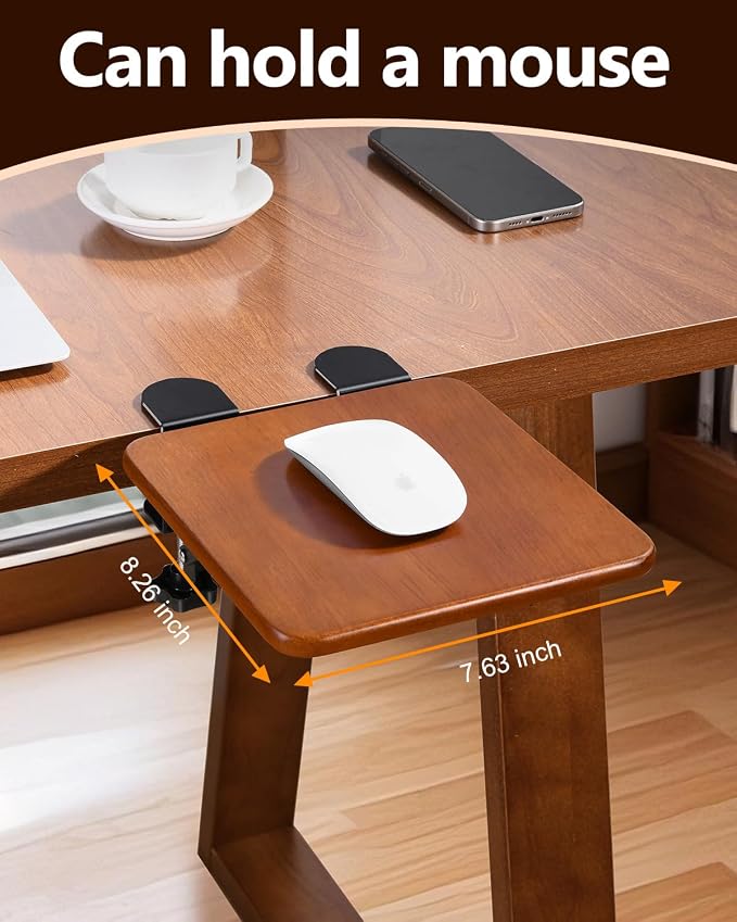 Ergonomic Desk Extender Tray, 8.2"x7.6" Table Mount Arm Wrist Rest Shelf, 90° Foldable Elbow Support, Sturdy Mouse Arm Support,Clamp on Computer Arm Rest for Desk, Office & Home Use,Wood