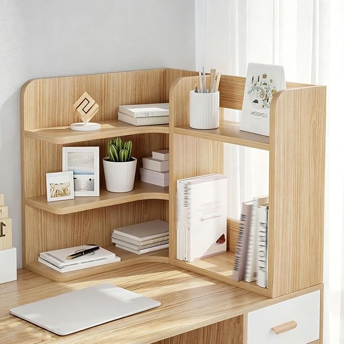3-Tier Corner Desktop Organizer Shelf, Wooden Desktop Bookshelf with Drawers, Multifunctional Desk Hutch Dorm, Desk Display Rack, Cube Storage Organizer Bookcase(Wood A-r,23.6x19.6x19.6'')