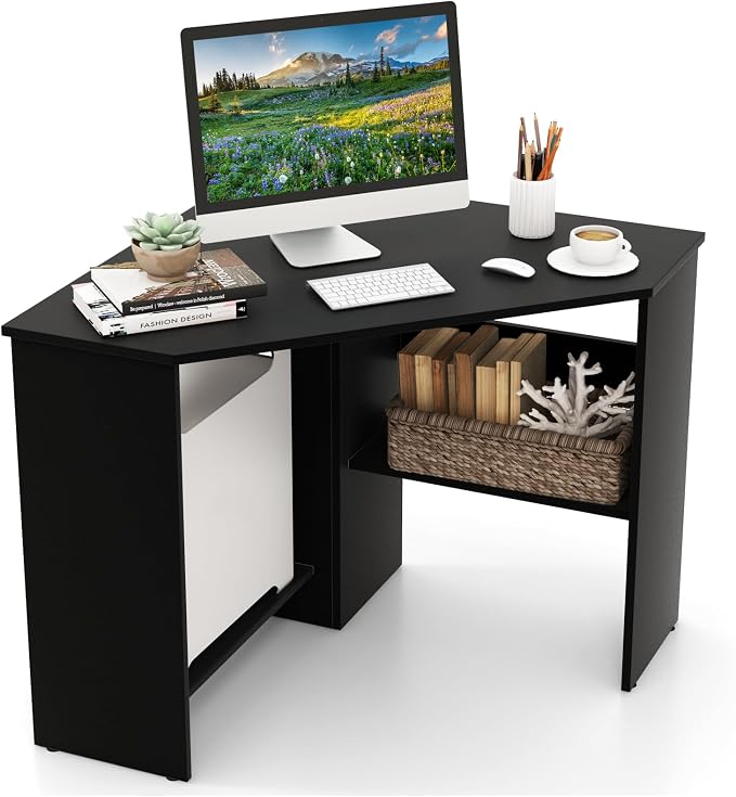 HOMGX Corner Computer Desk, Triangle Desk with Storage Shelves, Small Corner Desk for Small Spaces, Corner Vanity Desk for Home, Bedroom, Living Room, Office (Black)