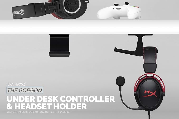 BRAINWAVZ The Gorgon - Under Desk Game Controller & Headphone Holder for XBOX, PS4, PS5, Series One, Steelseries, PC & Most Gamepads & Headsets, Screwless Hanger Stand, Black