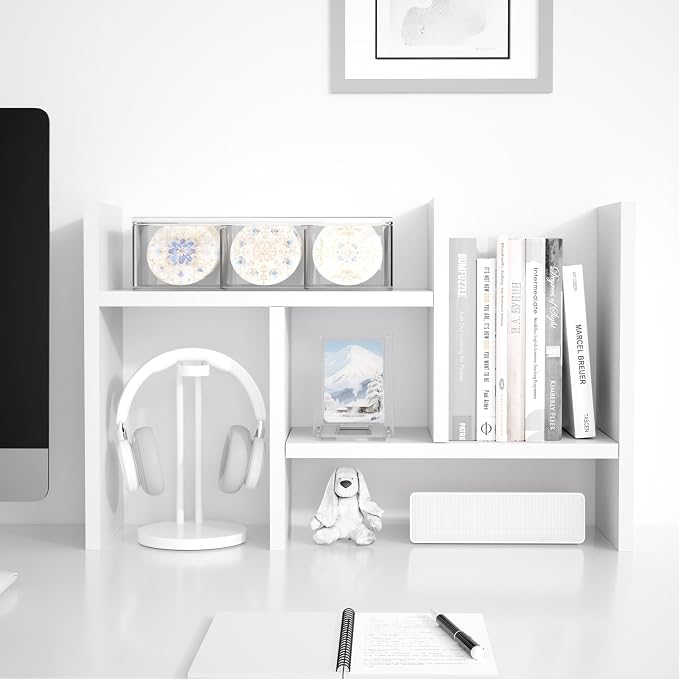 Jerry & Maggie Desktop Organizer Office Storage Rack Adjustable Wood Display Shelf Free Style Double H, Multi-Functional Mini Bookshelf for Desk Natural Stand (White/2 Pack)