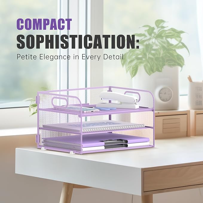 DALTACK 3 Tier Paper Organizer with Handle, Mesh Metal Desk Organizer with Sliding Paper Trays for Letter/A4 Paper, Mail, Bills & Folders, Purple