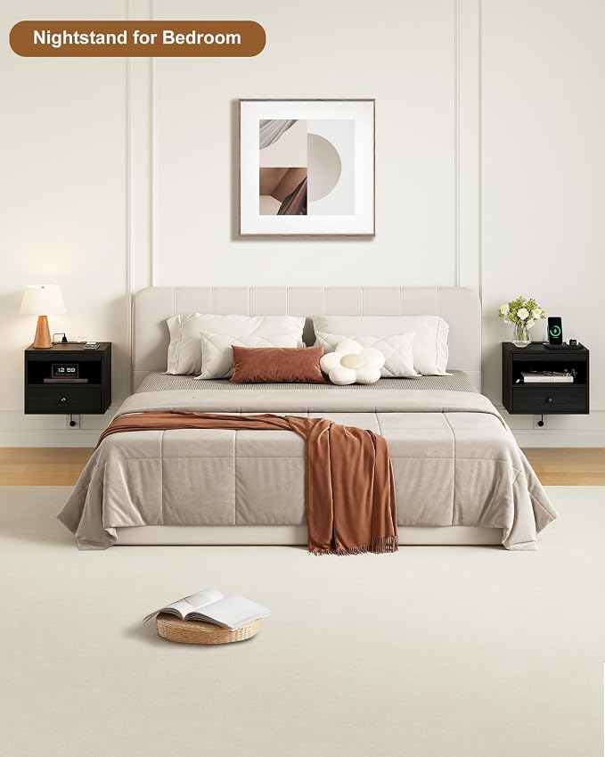 Floating Nightstand with Charging Station,Modern Bedside Table with Drawers and Extension Panel, Small Wall Mounted Nightstands for Bedroom Room，Floating Sofa Side Table（ Black ）