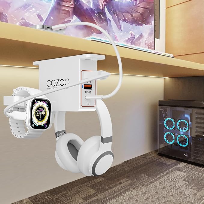 Under Desk Headphone Stand with 20W PD & QC3.0, 3-Port USB Charging Station, Dual Headset Holder & Watch Hook & Cable Organizer,Gaming Accessories, Desk Accessories for Men, Gifts for Gamers Teen Boys