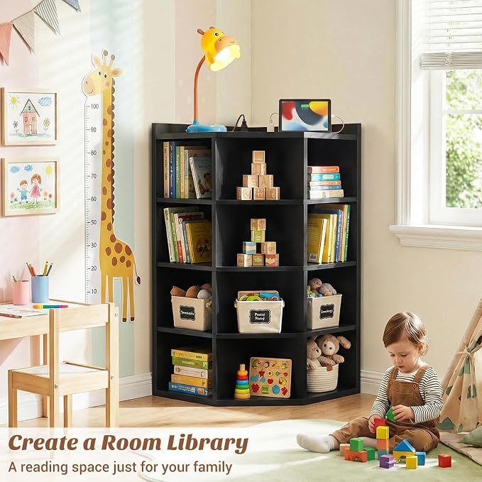 Aheaplus 5-Tier Corner Cube Bookshelf with Power Outlets, Wooden Corner Storage Cabinet with 12 Cubes, Corner Cube Organizer Shelf with Top Table, L Shaped Cubby Bookcase for Home Office, Black
