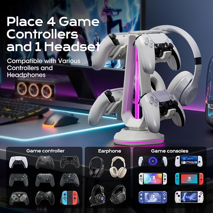 Saitake RGB Controller Stand with 9 Light Modes,Controller Holder with 2 USB Ports,Headset Stand for Desk-Headphone Holder Suitable for All Headphones and Controller (White)