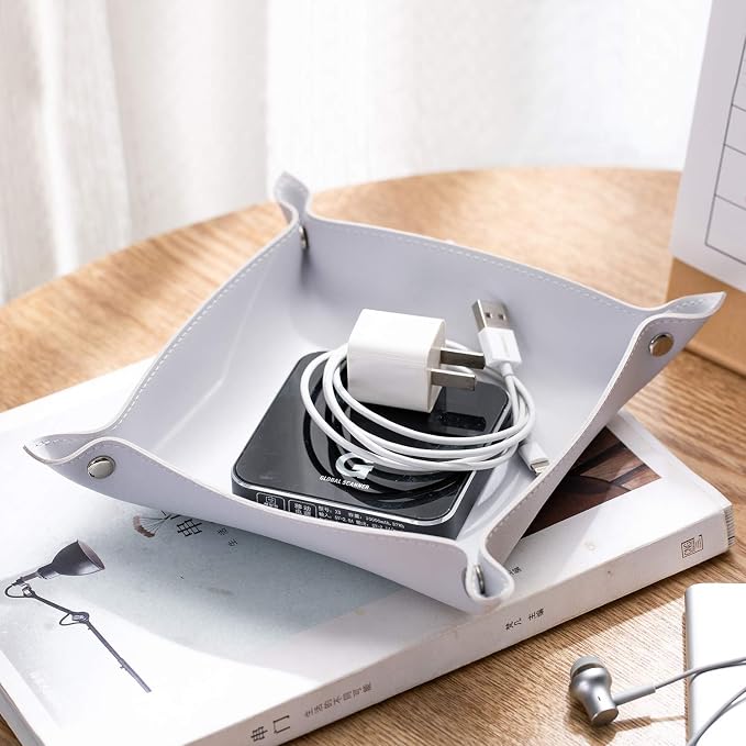 Leather Jewelry Valet Tray for Women and Man, Entryway Table Bedside Nightstand Desk Portable Small Catchall Travel Dish Plate for Key,Wallet,Watch,Coin(Grey White-B)