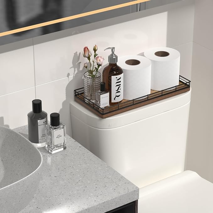 Acacia Bathroom Toilet Tank Tray, 13" Wood Toilet Paper Storage Basket Back of Toilet Basket Organizer, Vanity Tray for Perfume Makeup Candle Kitchen Counter Coffee Table Decor