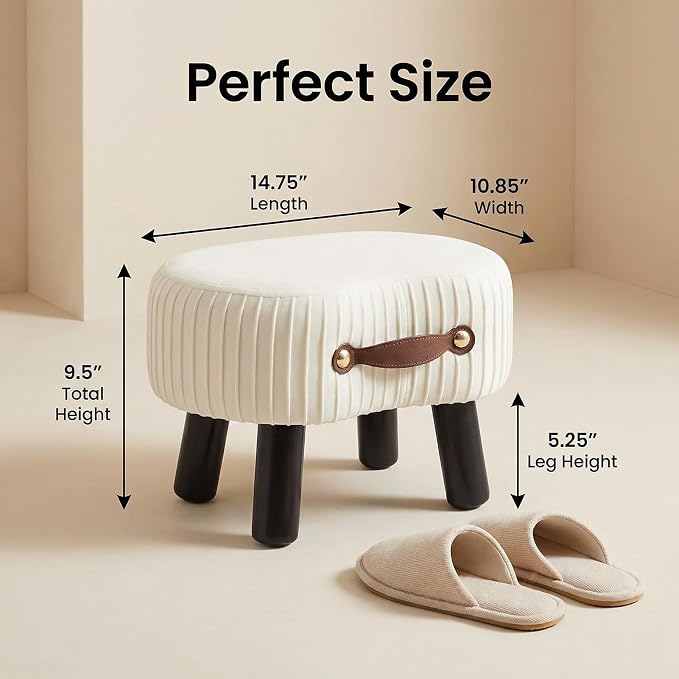 Foot Stools Small, White Ottomon with Handle, Velvet Footrest | Curved Foot Stool with Padded Seat Wooden Legs, Portable Foot Rest for Living Room, Bedroom, Entryway (White)