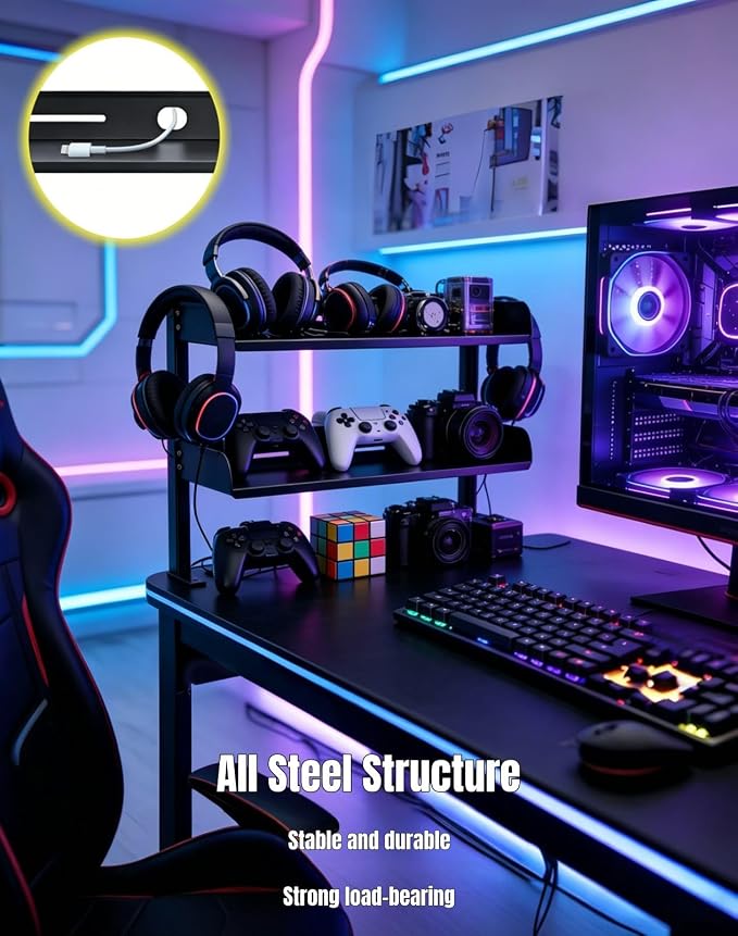Yuxh Desk Clamp Shelf 15 Inch, Black | Space-saving, clip on or under shelf for panel tabletop, office, study room & gaming setup, easy drill-free assembly