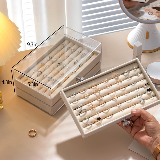SPAKOWN Ring Box Display Holder, Clear Velvet Jewelry Storage Tray Organizer for Ring Stud Earring (Beige - 3 Drawers)