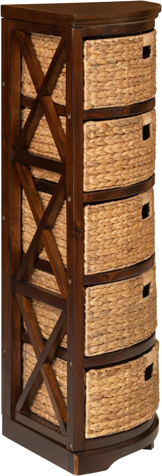 eHemco Hampton Meadows 5 Tier X-Side Corner Storage Cabinet with 5 Wicker Baskets, Walnut