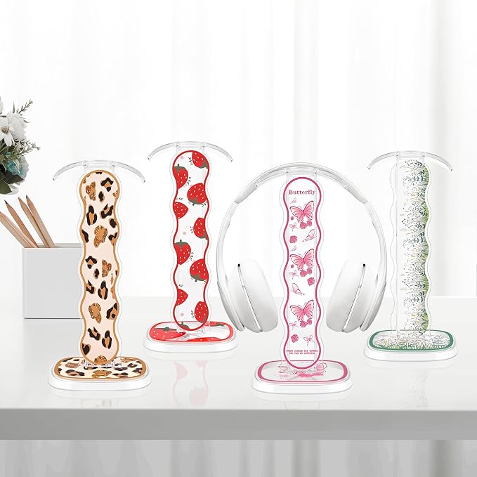 CamyCosy Headphone Stand Gaming Headset Holder for Desk,Pink Butterfly Pattern Clear Cellphone Stand Earphone Stand Desk Accessories for All Headphones Size
