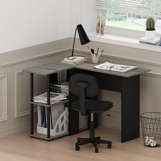 Furinno Abbott L-Shape Computer Desk with Bookshelf, French Oak Grey/Black