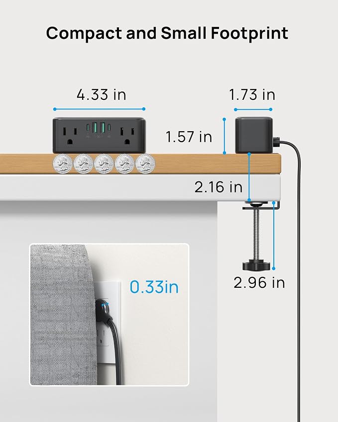 TROND Small Footprint Desk Clamp Power Strip with USB C PD 20W, Flat Plug Extension Cord Surge Protector 10ft, 6 Wide Space Outlets 4 USB, Fit 2.16" Tabletop Edge, Home Office Desk Accessories, Black