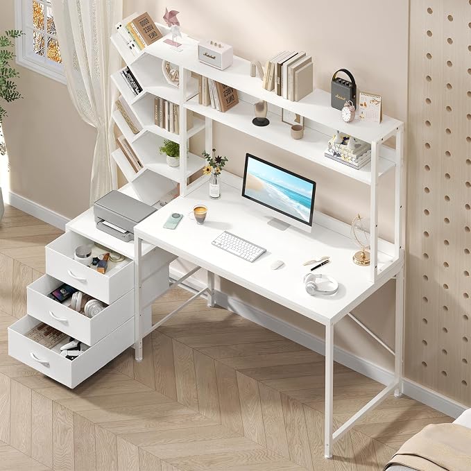 YOMILUVE Reversible Computer Desk with Hutch, Home Office Desk with Drawers and Bookshelf, 52'' Study Writing Desk with Storage Shelves for Bedroom Home Office, White