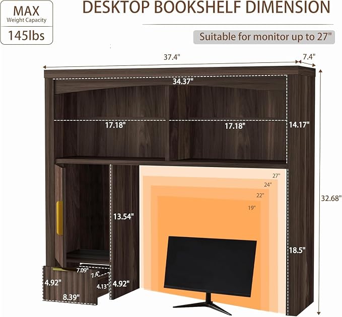 Desktop Shelf, Wooden Desk Hutch with Storage, Desktop Bookshelf with Cabinet and Drawer, Office Desk Organizer, Space-Saving Organization, Over Desk Storage Shelves for Home, Dorm, Walnut