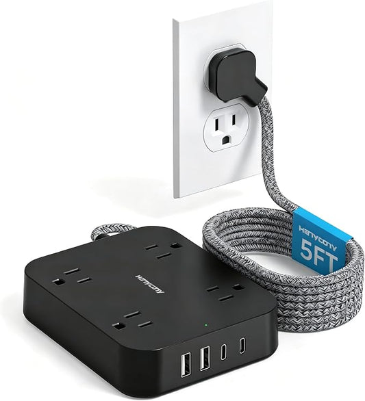 HANYCONY 5 Ft Braided Extension Cord with Ultra-Thin Flat Plug, 4 Widely Spaced Outlets & 4 USB Ports (2 USB C), Non-Surge Protector Power Strip for Cruise Ship, Travel Essentials, Home Office, Black