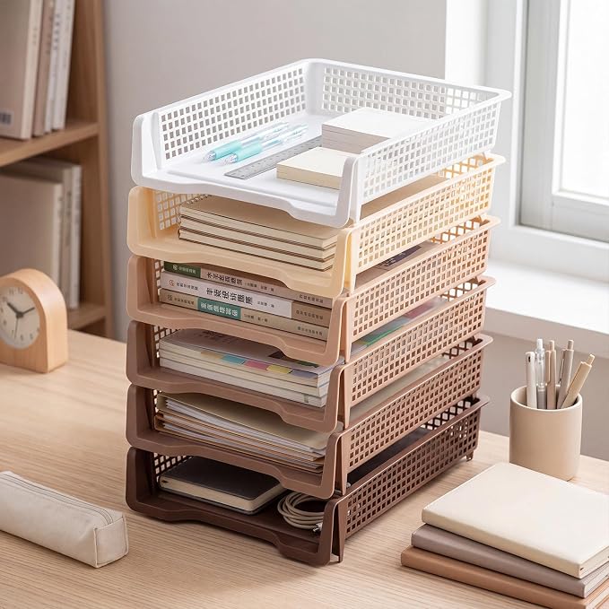 Geetery Set of 6 Plastic Trays for Teachers Turn in Trays Classroom Stackable Paper Tray Plastic Classroom Teachers Desk Letter Organizer Storage Baskets for Office, Desk, Home (Gradient Brown)