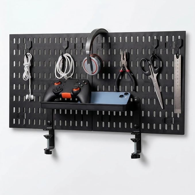 Gaming Desk Organizer - Clamp-on Desk Pegboard, No Drill Desk Side Storage with 5 Hooks and 1 Tray, Detachable Gaming Pegboard for Office & Home Desktop Organizer